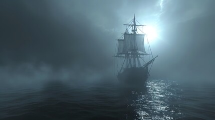 Fototapeta premium A ghost ship sailing through foggy waters under a dark sky halloween day