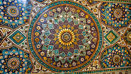 Vibrant mosaic artwork featuring contrasting colors and asymmetrica texture wall Striking mosaic display with intricate patterns, representing historical and artistic craftsmanship background 