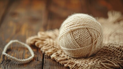 A ball of yarn sits on a wooden table next to a string. The yarn is white and he is made of wool. The scene is simple and peaceful, with the yarn and string being the only objects in the image