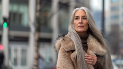 Fototapeta premium Stylish Mature Woman with Long Gray Hair in Urban Setting in Winter Attire