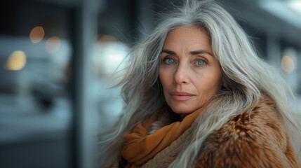 Obraz premium Elegant Older Woman with Gray Hair in Stylish Coat Outdoors