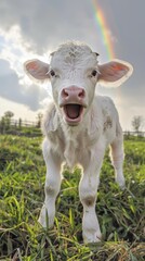 Obraz premium Cheerful calf facing camera with rainbow in the sky.