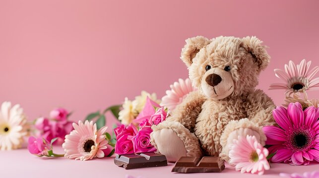 Cute teddy bear toy sitting isolated on pink background with romentic flowers and chocolate