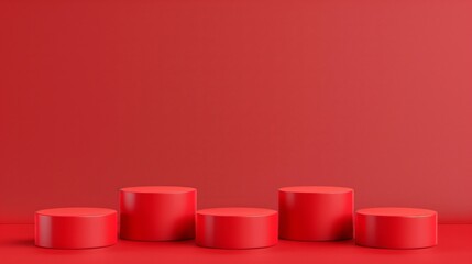 Five Minimalist Red Toned Round Podiums for Product Presentation on Empty Background. Ideal for E-commerce and Advertising Displays, Showcasing Minimalist Style and Elegance