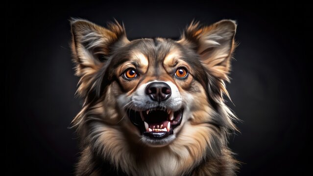 Furious dog angry with raised hackles and snarling teeth staring straight at the camera with intense aggressive demeanor isolated.
