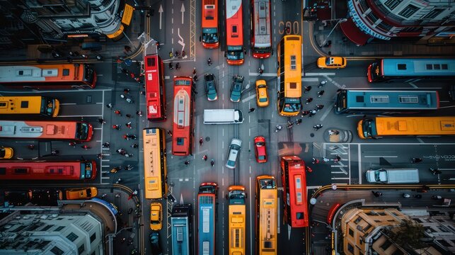 Overhead shot of a busy bus terminal, showcasing the complexity of public transport networks.