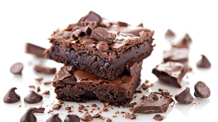 Chocolate cake and brownie on white background with selective focus