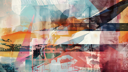 A colorful abstract painting with a blue sky and mountains in the background