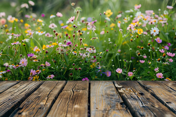 Fototapeta premium Wildflowers Meadow With Rustic Wood Mock Up