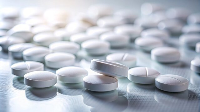 A close-up shot of metformin pills and tablets scattered on a white surface with blurred background lighting and soft focus effect.