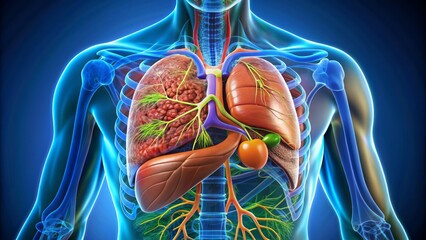 highly detailed illustration of human liver anatomy showcasing lobes hepatic artery portal vein bile ducts and gallbladder in vibrant colors