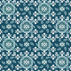 Seamless flower teal and white pattern colorful design