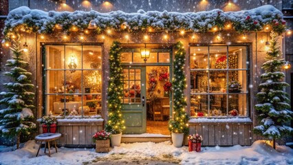 Cozy winter wonderland holiday boutique storefront adorned with twinkling lights, garlands, and festive decorations amidst snowflakes gently falling.