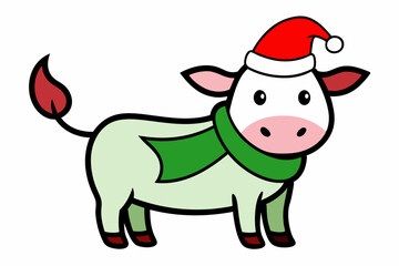 Vector Line Art Christmas Cow with Santa Hat and Scarf - White Background Illustration

