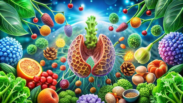 Vibrant microscopic illustration of thyroid gland cells surrounded by healthy nutrients and herbs promoting optimal thyroid health hormonally.