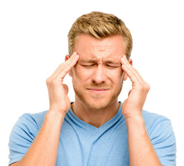 Stress, headache and man with pain in studio for healthcare problem, emergency and burnout. Frustrated, hands and male person with frown for tension, migraine and pressure on white background