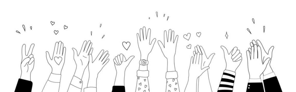 Doodle sketch hands up gestures comic icons silhouettes vector set. Group of line art fun comic hands in the air. Voting or happy congratulation audience recognition symbols.