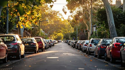 Row of parked cars on a quiet suburban street, capturing everyday transport scenes.