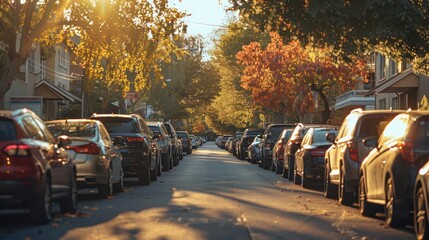 Row of parked cars on a quiet suburban street, capturing everyday transport scenes.