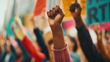 A close-up of diverse hands holding protest signs advocating for racial equality, with powerful slogans and symbols of unity