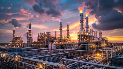 Modern petrochemical plant with reactors and converters under a dramatic sky, highlighting industrial power and innovation