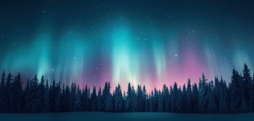 Stunning Northern Lights Illuminating a Snow-Covered Forest Under a Starry Night Sky in Winter Wonderland