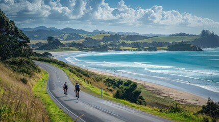 Obraz premium Scenic coastal road with cyclists, ideal for active travel and scenic views.