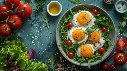 A plate of eggs and tomatoes is on a table