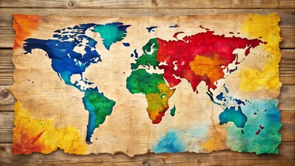 Vibrant colorful world map hand drawn on traditional textured paper with rough edges and subtle imperfections on a rustic wooden background.