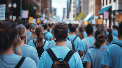 A close-up of a group of people participating in a mental health awareness walk, with matching shirts and supportive banners
