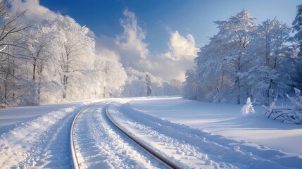 Obraz premium Snow-covered train tracks winding through a winter landscape, capturing seasonal travel.