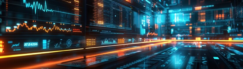 Fototapeta premium Futuristic Digital Interface with Data Analytics and Graphs in a High-Tech Control Room