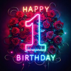 Colorful neon sign with roses celebrating a child's first birthday, vibrant and festive mood.