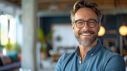 Obraz premium Portrait of a Smiling Middle-Aged Man with Glasses in a Modern Office Setting