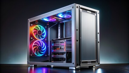 Fototapeta premium High-performance custom built computer with sleek silver casing, intricate cable management, and vibrant LED lighting on a dark background.