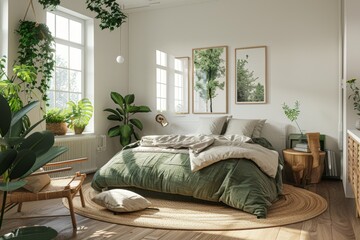 Modern Scandinavian bedroom with green accents, large windows, hanging lights, and potted plants