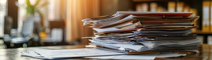 Stack of Documents and Papers on a Wooden Desk in a Sunlit Office Environment