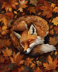 Fototapeta premium A red fox curled up asleep among a bed of autumn leaves.