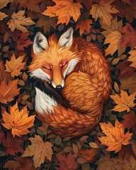 Fototapeta premium A red fox curled up asleep in a bed of autumn leaves.