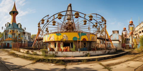 Fototapeta premium Panorama of a carousel at an old, run-down, abandoned amusement park.