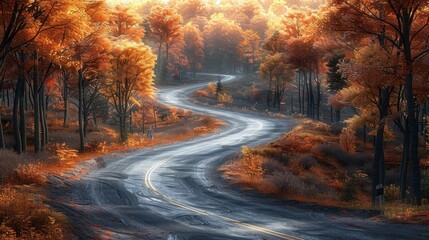 A winding road through an autumn forest, bathed in warm sunlight. The leaves are a mix of orange, yellow, and red.