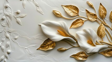 Gold leaves and buds on a white background, complementing a stucco calla lily for a sophisticated decorative piece.