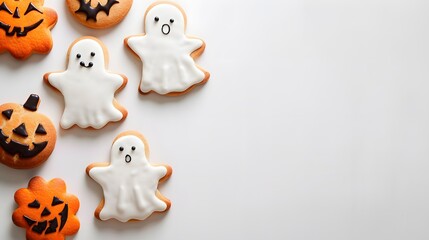 Halloween-themed cookies shaped like ghosts and pumpkins on a white background with generous free space