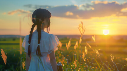 Fototapeta premium 夕暮れの少女と緑の草原
