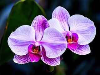 A bright blooming purple orchid with a delicate structure on a slightly blurred background. AI generated.