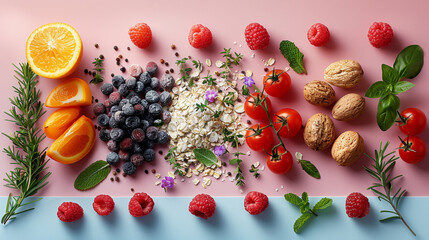 A colorful assortment of fruits and vegetables, including oranges, raspberries