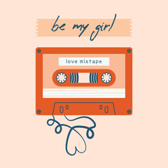 Square creative Valentine's Day card template with cute illustration of stereo cassette with sticker and text 