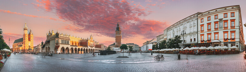 Krakow, Poland. Landmarks On Old Town Square In Summer Evening.