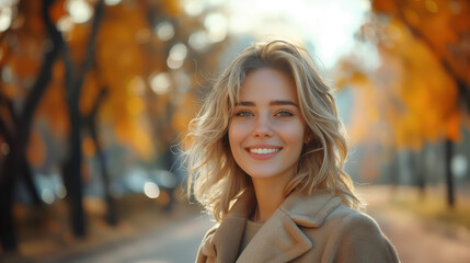 Fototapeta premium Beautiful Smiling Blonde Woman Enjoying an Autumn Day in the Park