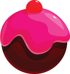 Round chocolate cake pop covered with dripping pink icing and topped with a single red cherry